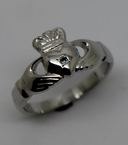 Genuine 9ct 9k 375 White Gold Blue Topaz (Birthstone Of November) Claddagh Ring