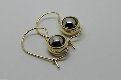 Genuine 9ct 9kt White & Yellow Gold Spinning Belcher Ball Drop Earrings