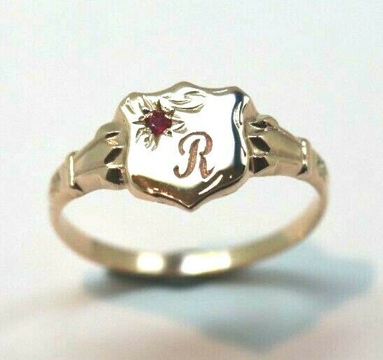 Genuine 9ct Small Yellow, Rose or White Gold Childs Ruby Shield Signet Ring + engraving of 1 initial