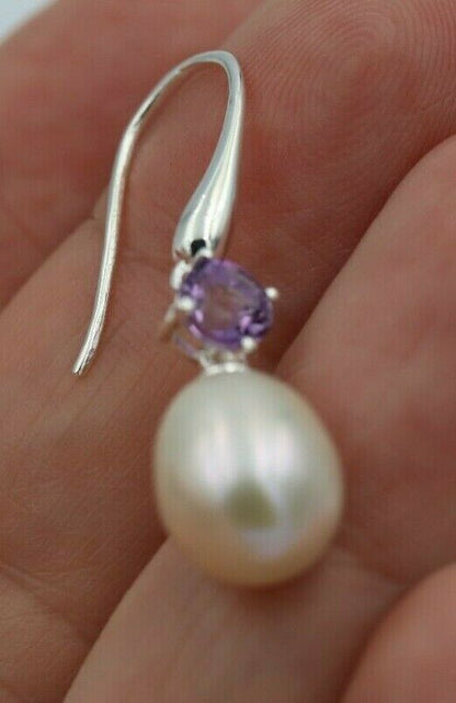 Sterling Silver 925 Oval Freshwater Cultured Pearl with 4-Claw 5mm Natural Amethyst Hook Earrings