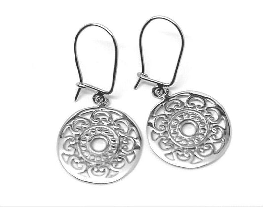  Genuine Sterling Silver Flat Filigree Drop Round Closed Hooks Earrings 