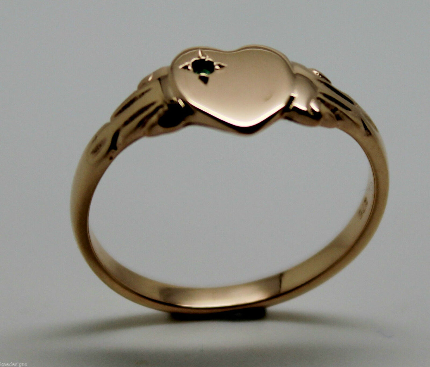 Size O 1/2 May Birthstone 9ct Solid Yellow, Rose or White Gold / 375 Green Emerald Stone Heart Signet Ring