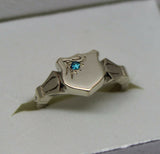 Genuine Solid 9ct 9kt White Gold Shield Signet Ring Set With Aqua Blue Cz