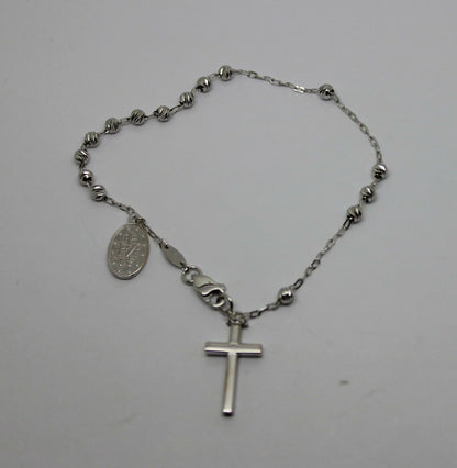 Genuine 18ct 750 White Gold Rosary Beads Cross Bracelet *