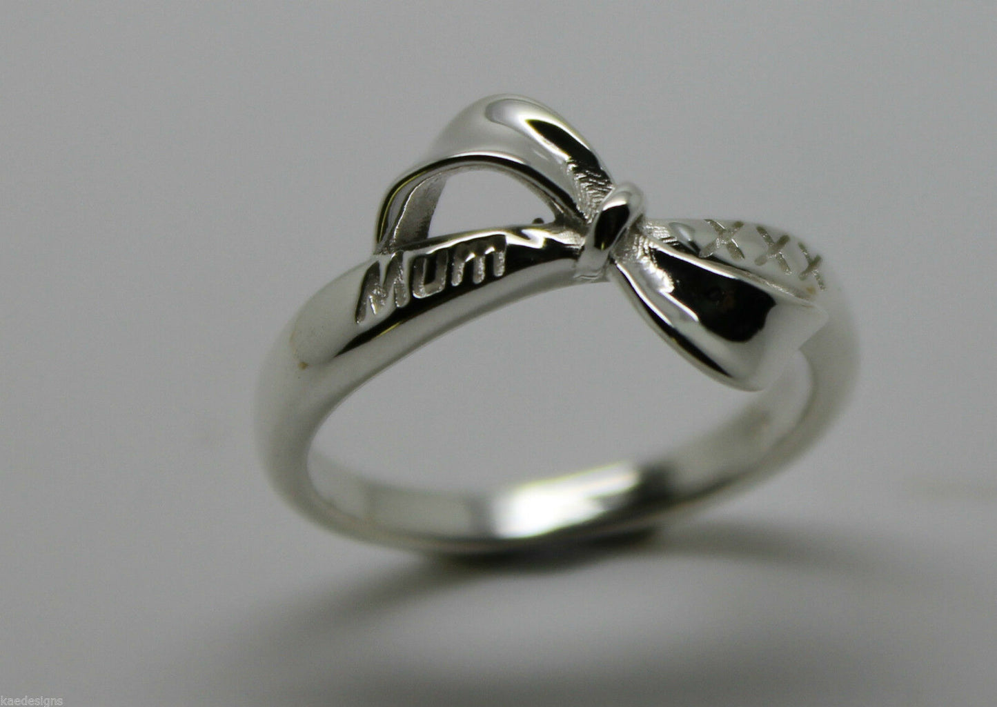 Mothers Day Ring 9ct 9kt Solid Yellow, Rose Or White Gold Bow Ring Engraved With Mum And Kisses