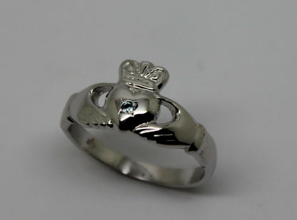 Genuine 9ct 9k 375 White Gold Blue Topaz (Birthstone Of November) Claddagh Ring