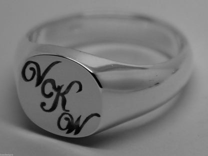 Genuine Solid New Sterling Silver Oval Signet Ring Engraved With Your Initials.