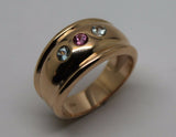 9ct 9k Full Solid Rose Gold Aquamarine + Pink Sapphire Thick Dome Ring 10mm Wide
