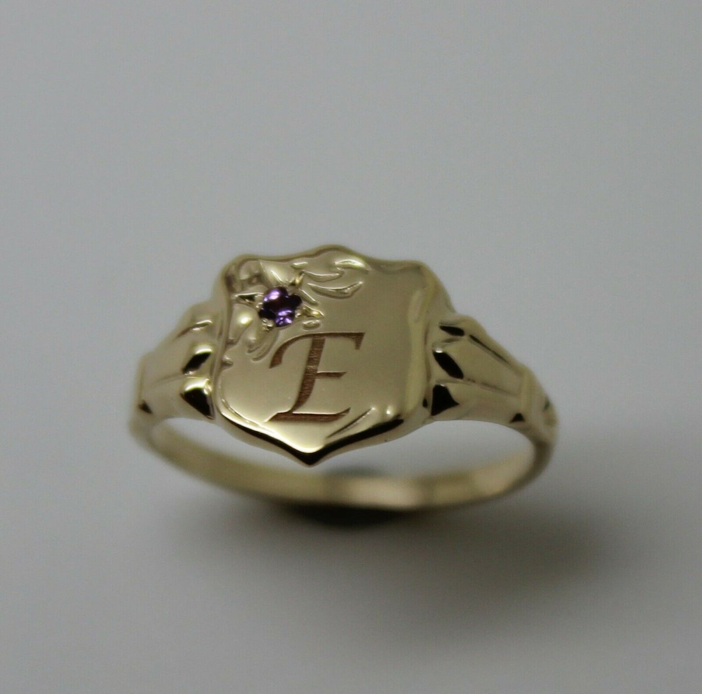 9ct Small Yellow Gold Amethyst Shield Signet Ring + Engraving Of One Initial - Choose your size