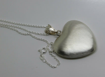 Genuine Sterling Silver Chain Necklace & Large Brushed Heart Pendant