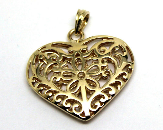 Kaedesigns Genuine 9ct Large Yellow, Rose or White Gold Filigree Flower Double Sided Heart Pendant