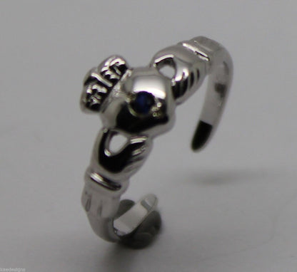 Genuine 9ct White Gold Irish Claddagh Blue Sapphire Toe Ring