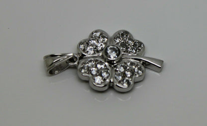 Genuine 9ct 9kt White Gold Cubic Zircon Four Leaf Clover Pendant