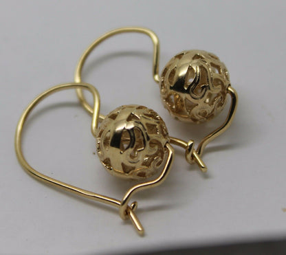 Genuine 9ct Yellow, Rose or White Gold 10mm Euro Ball Drop Filigree Earrings