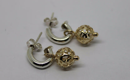 Genuine New 9ct 9k Yellow Gold & Sterling Silver Filigree Ball Stud Earrings