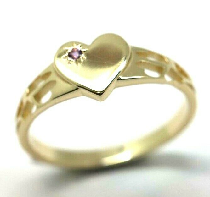 Genuine 9ct Yellow Gold 375 Amethyst (Birthstone Of February) Etched Heart Signet Ring