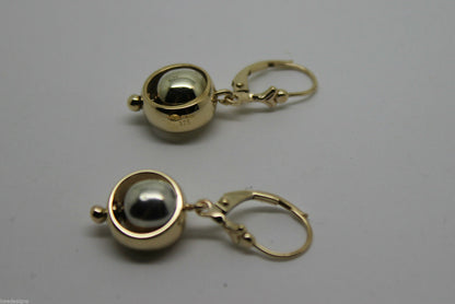 Genuine 9k 9ct White & Yellow Gold Spinning Belcher Ball Continental Hooks Drop Earrings