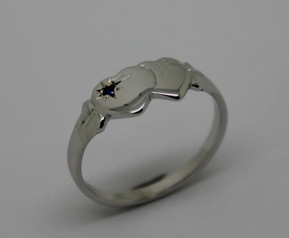 Genuine 9ct 9kt White Gold Australian Blue Sapphire Double Heart Signet Ring