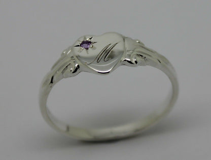 Sterling Silver Heart Amethyst Set Signet Ring Size N Engraved With 1 Initial