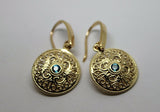 Genuine 9ct Solid Yellow, Rose or White Gold Blue Topaz Filigree Round Drop Earrings