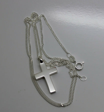 Solid New Sterling Silver 925 Plain Cross Pendant & 55cm Kerb Chain Necklace