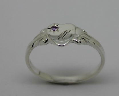 Sterling Silver Heart Amethyst Set Signet Ring Size N Engraved With 1 Initial