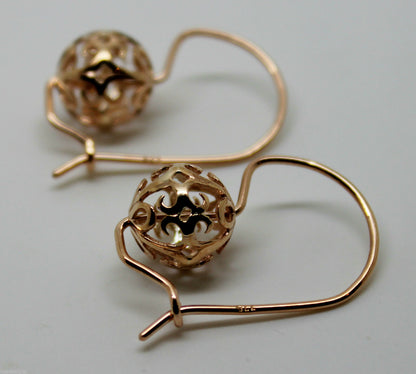 Genuine Solid 9ct Yellow, Rose or White Gold 10mm Euro Ball Drop Filigree Flower Earrings