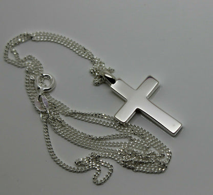 Solid New Sterling Silver 925 Plain Cross Pendant & 55cm Kerb Chain Necklace