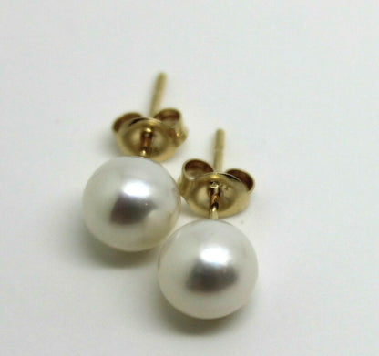 Genuine 9ct Yellow Gold 7mm White Pearl Ball Stud Earrings