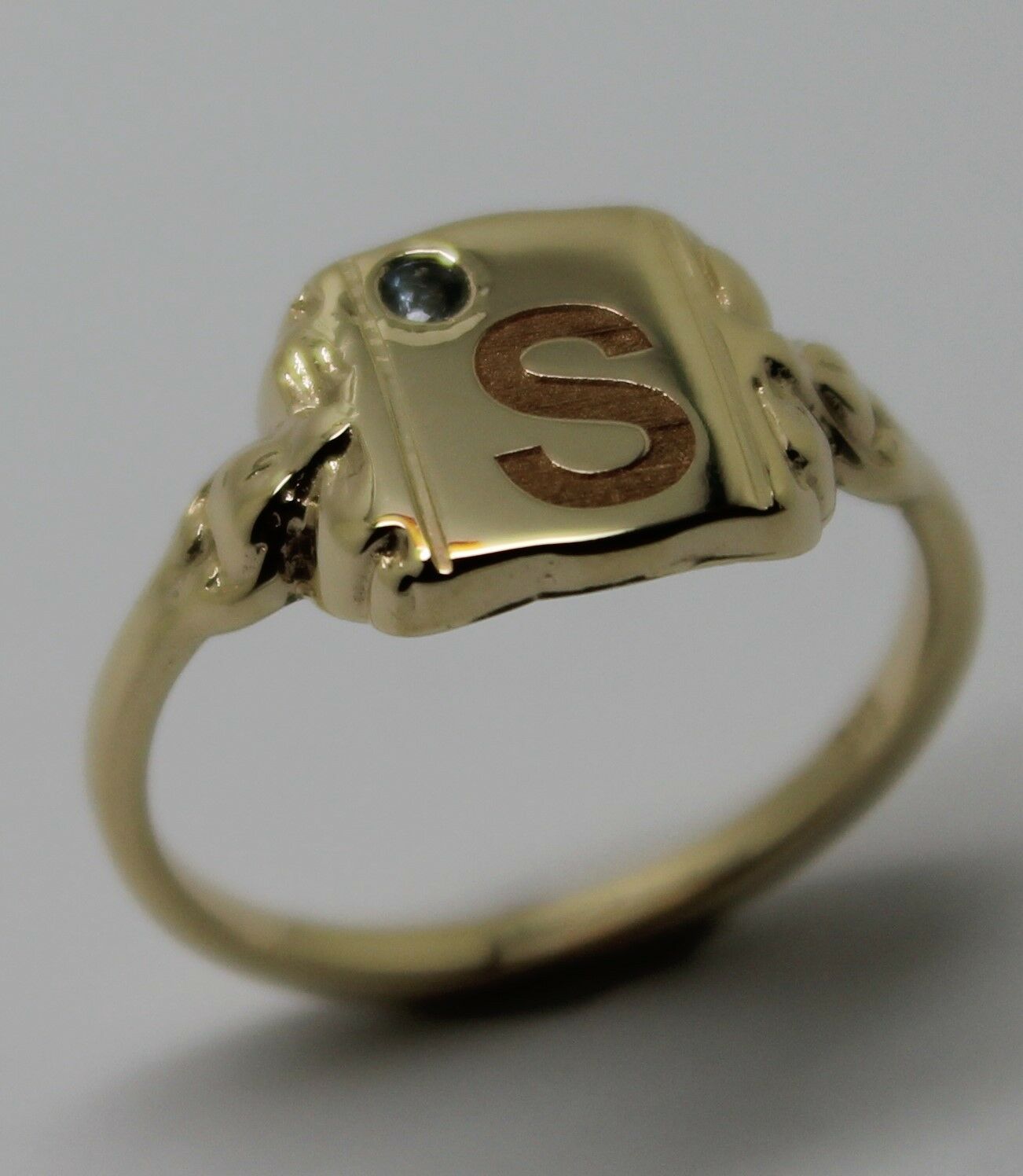 Size L, Genuine Solid 9ct 9kt Yellow, Rose or White Gold Signet Ring + Aquamarine + One Initial