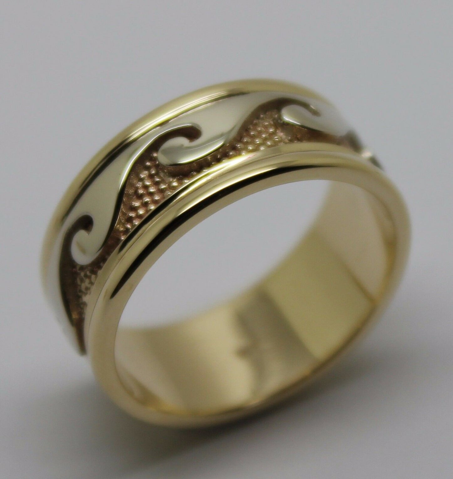 Size Q / 8, Solid Genuine 9ct 9kt Yellow And White Gold Mens Surf Wave Ring