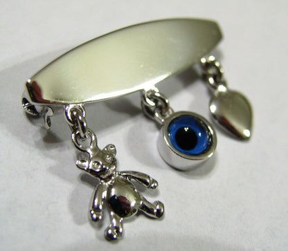 Solid 18ct 750 White Gold Baby Child'S Kids Brooch Engravable Pin With 3 Charms