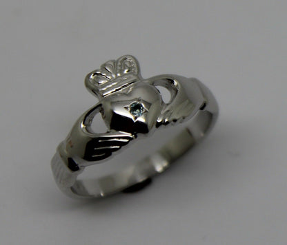 Genuine 9ct 9k 375 White Gold Blue Topaz (Birthstone Of November) Claddagh Ring