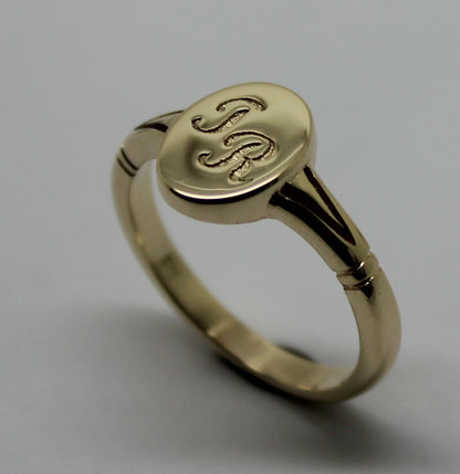 Size M Genuine Full Solid 9ct Yellow, Rose or White Gold Oval Signet Ring Engraved With Two Initials