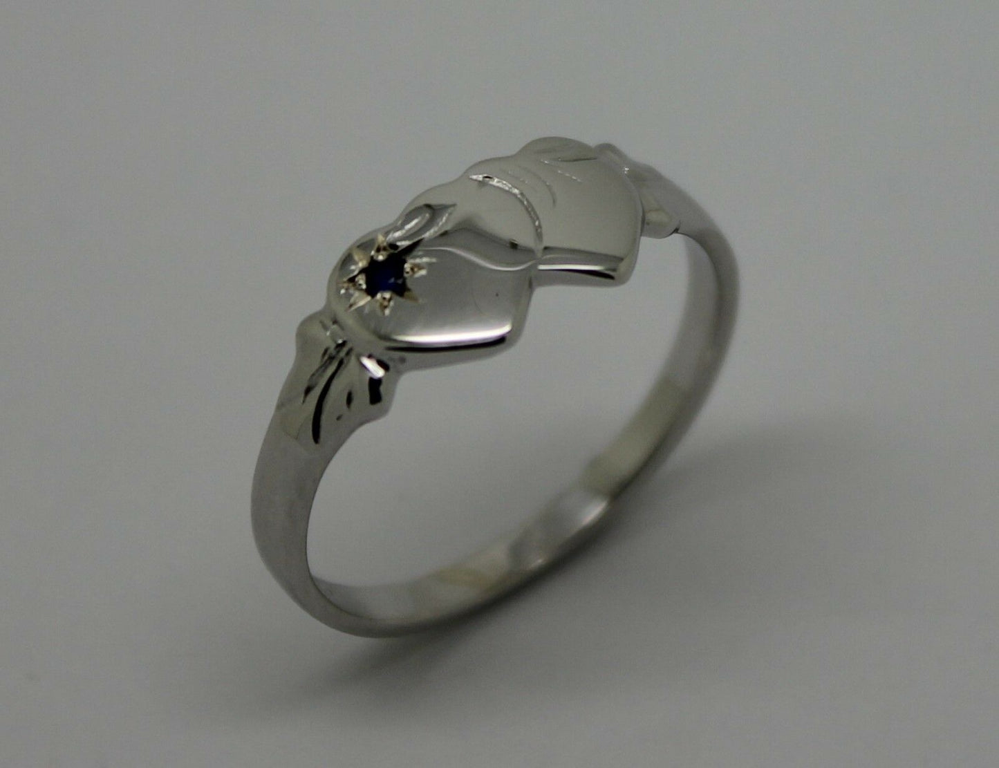 Genuine 9ct 9kt White Gold Australian Blue Sapphire Double Heart Signet Ring