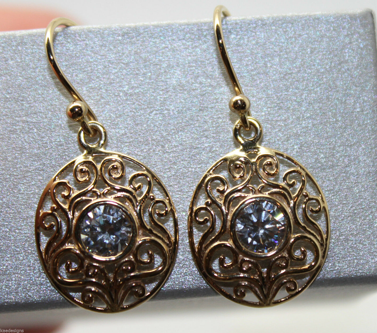 9ct Yellow, White, or Rose Gold Cubic Zirconia Oval Filigree Hook Earrings