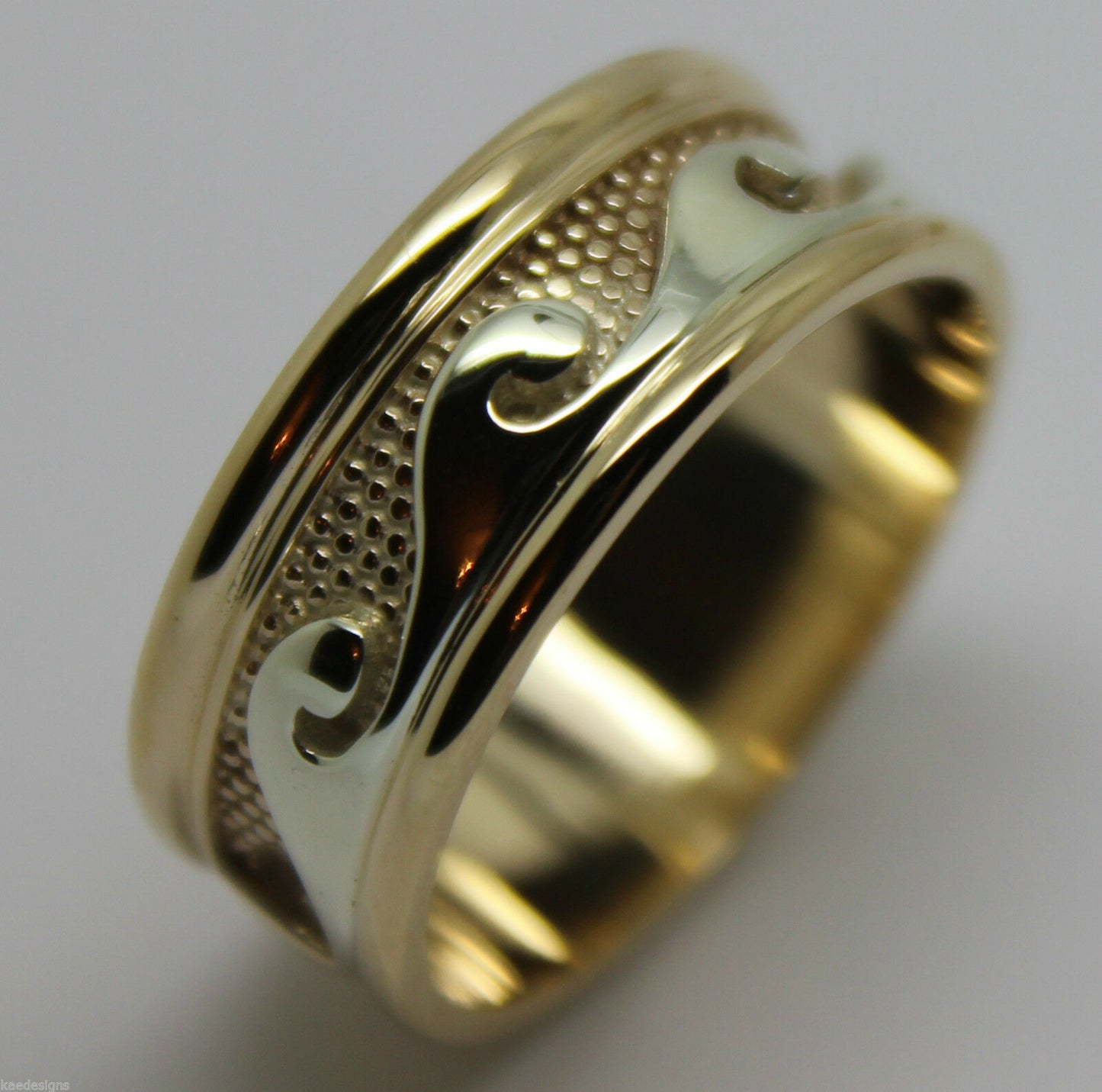 Size Q / 8, Solid Genuine 9ct 9kt Yellow And White Gold Mens Surf Wave Ring