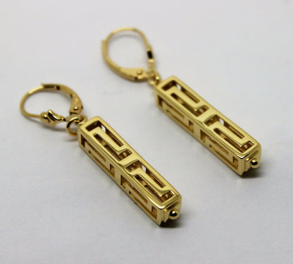 Kaedesigns, Genuine 9ct Yellow, Rose or White Gold Greek Key Continental Hook Earrings