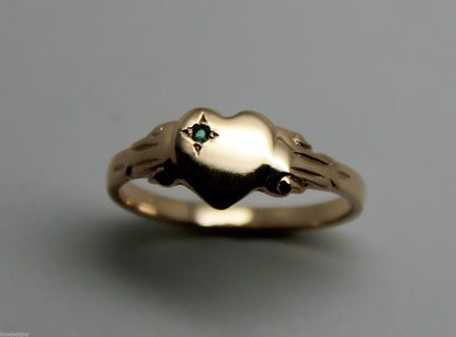 Size O 1/2 May Birthstone 9ct Solid Yellow, Rose or White Gold / 375 Green Emerald Stone Heart Signet Ring