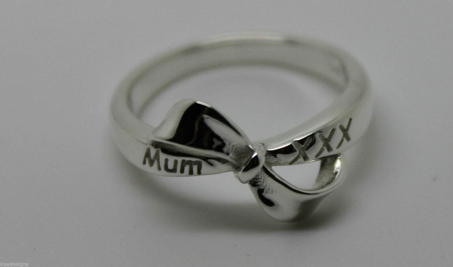 Mothers Day Ring 9ct 9kt Solid Yellow, Rose Or White Gold Bow Ring Engraved With Mum And Kisses