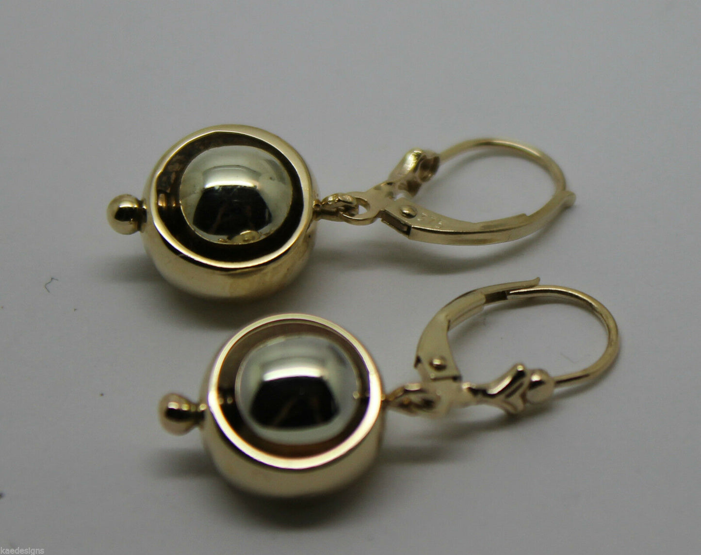 Genuine 9k 9ct White & Yellow Gold Spinning Belcher Ball Continental Hooks Drop Earrings