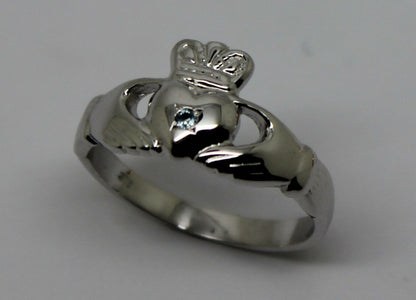 Genuine 9ct 9k 375 White Gold Blue Topaz (Birthstone Of November) Claddagh Ring