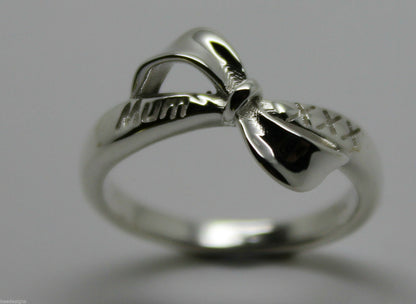 Mothers Day Ring 9ct 9kt Solid Yellow, Rose Or White Gold Bow Ring Engraved With Mum And Kisses