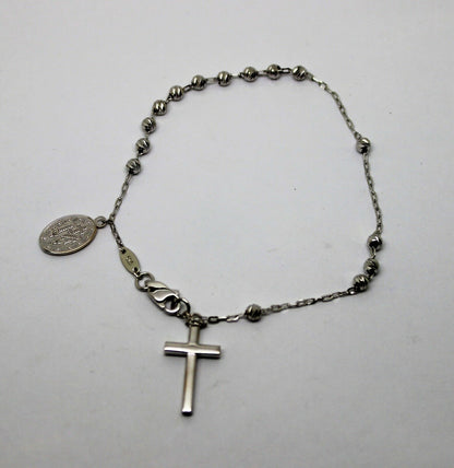 Genuine 18ct 750 White Gold Rosary Beads Cross Bracelet *