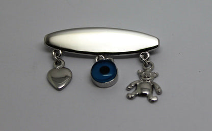 Solid 18ct 750 White Gold Baby Child'S Kids Brooch Engravable Pin With 3 Charms