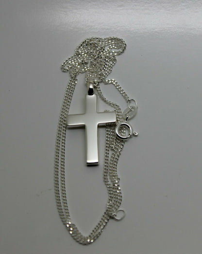 Solid New Sterling Silver 925 Plain Cross Pendant & 55cm Kerb Chain Necklace