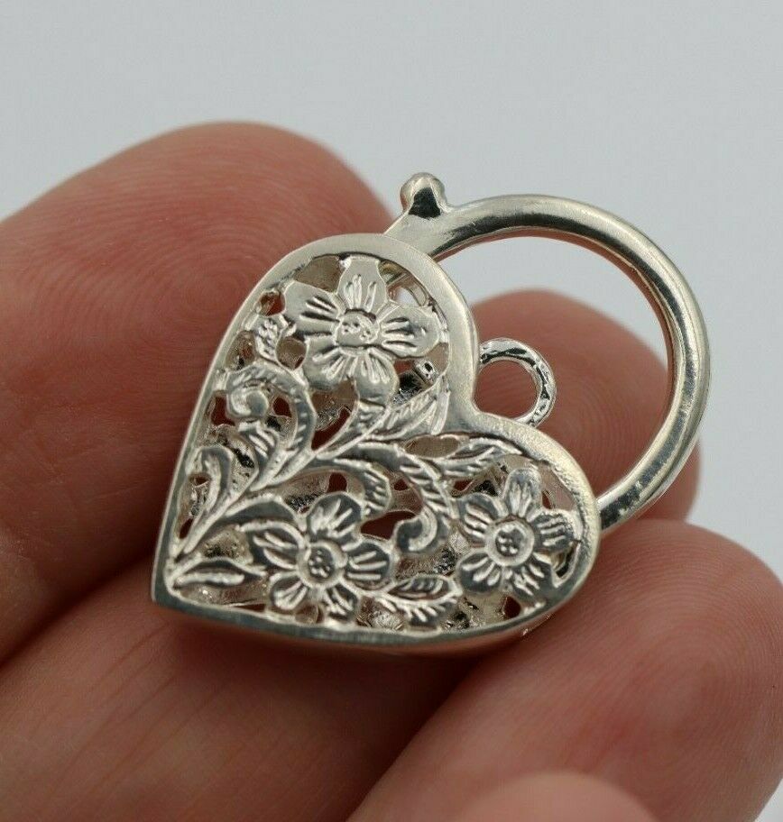 Large Sterling Silver Filigree Flat Heart Padlock Pendant 20mm