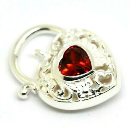 Genuine Sterling Silver Filigree Garnet Heart Padlock Pendant 15mm