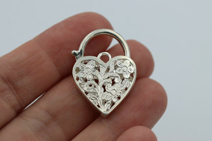 Large Sterling Silver Filigree Flat Heart Padlock Pendant 20mm