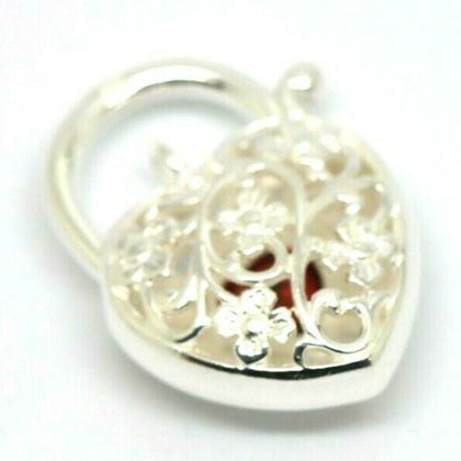 Genuine Sterling Silver Filigree Garnet Heart Padlock Pendant 15mm